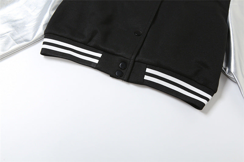 Coated Fabric jacket Women Clothing Embroidery Stitching Metallic hood