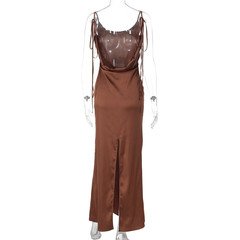 Women Clothing Dress Summer Sexy Backless Slited Solid Color Tied gown