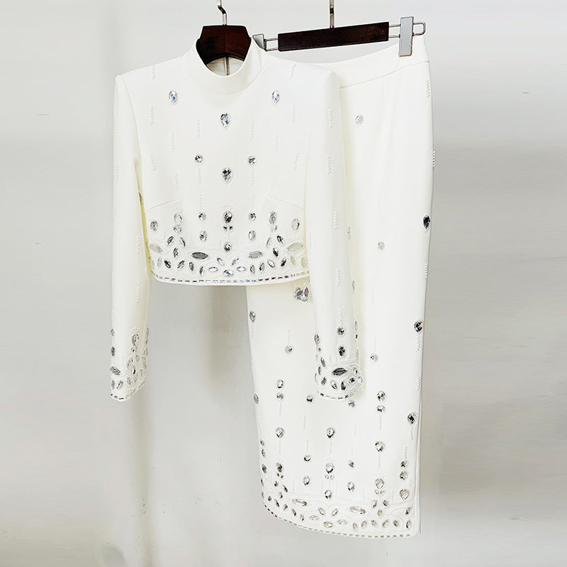 Heavy Industry Beads Diamond Inlaid Short Top Skirt Set