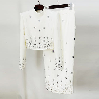 Heavy Industry Beads Diamond Inlaid Short Top Skirt Set