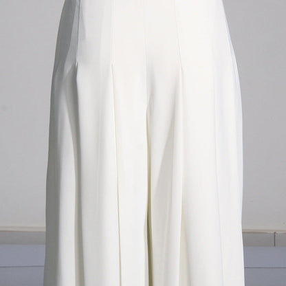 Summer Elegant Pleated Design Single Blouse High Waist Straight Wide Leg Pants Set Women