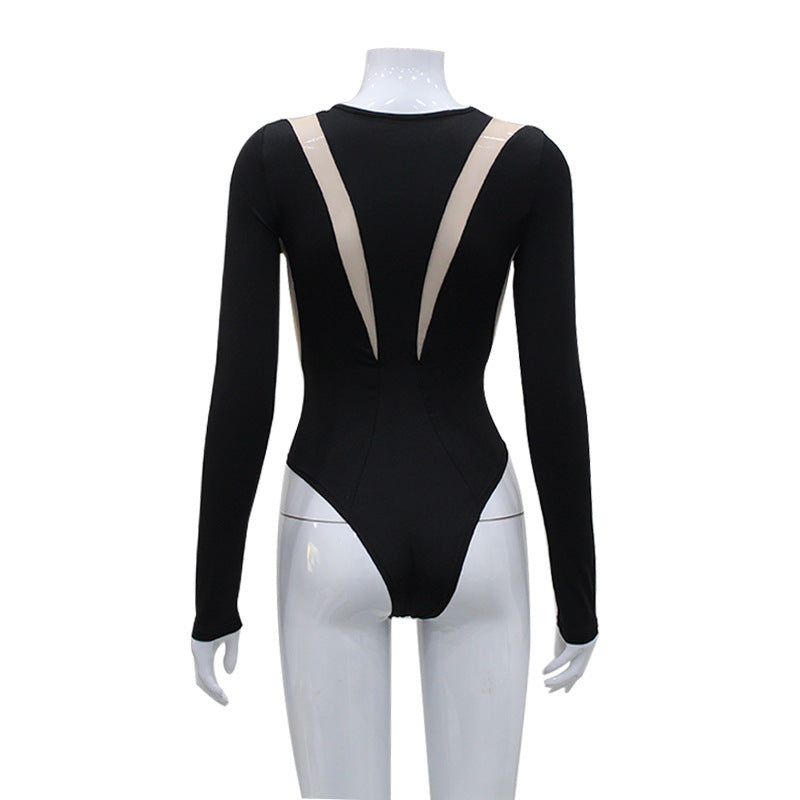 Woman round neck long sleeve color matching trendy autumn jumpsuit top