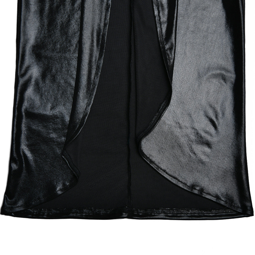 Coated Fabrics Metallic Dress Sexy Glossy V neck Long Sleeve Stitching