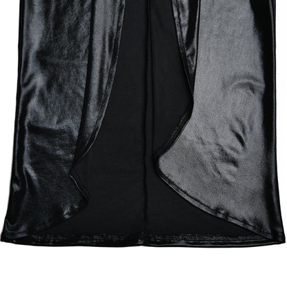 Coated Fabrics Metallic Dress Sexy Glossy V neck Long Sleeve Stitching