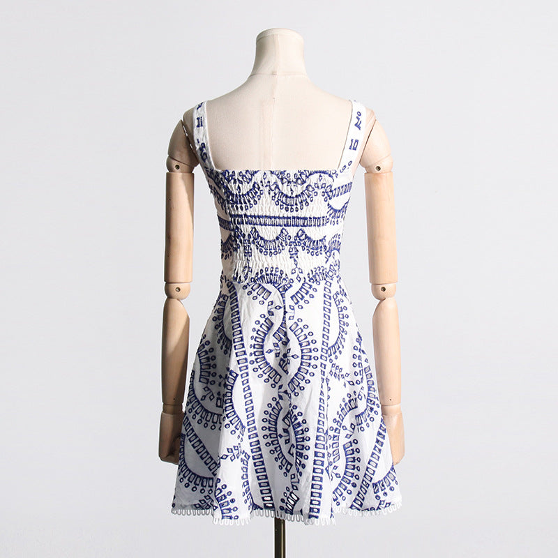 Embroidered Lace Summer Sweet Fresh Solid Color Strap Hollow Out Cutou