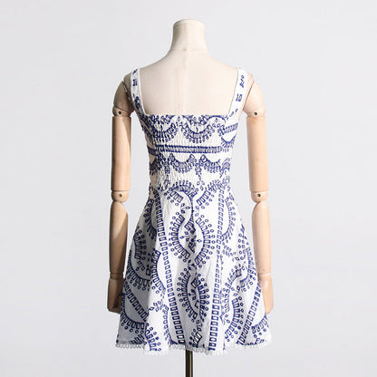 Embroidered Lace Summer Sweet Fresh Solid Color Strap Hollow Out Cutou