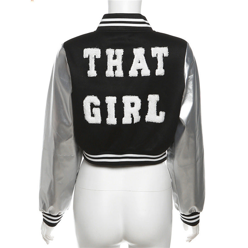 Coated Fabric jacket Women Clothing Embroidery Stitching Metallic hood