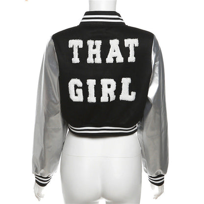 Coated Fabric jacket Women Clothing Embroidery Stitching Metallic hood