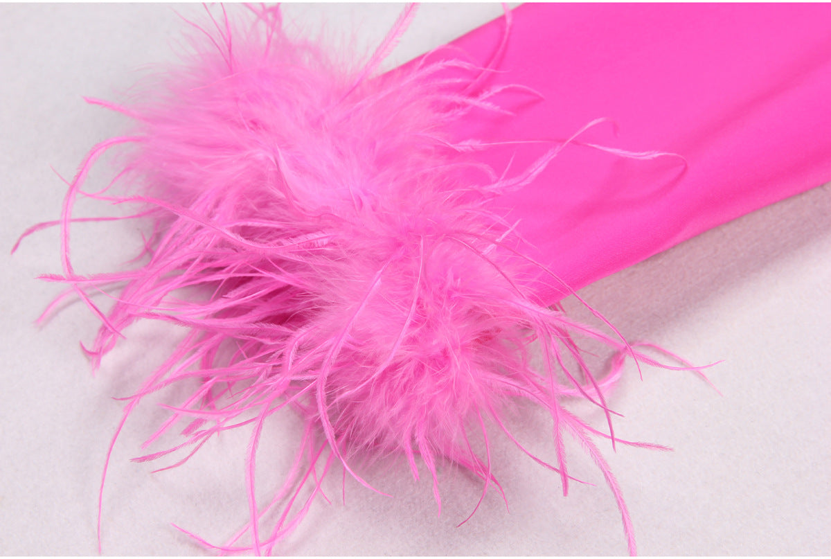 High Ostrich Feather Long Sleeve Slim Fit Office Women Business Skirt Sets