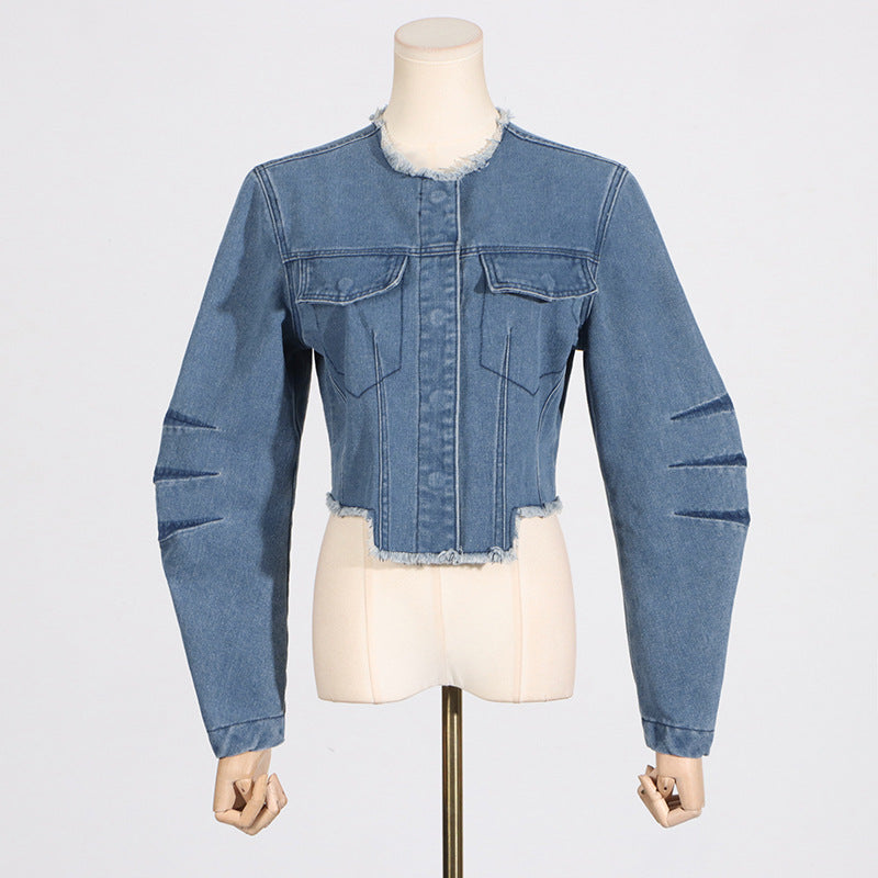 Spring Trendy O neck Short Pocket Stitching Long Sleeve Denim Coat