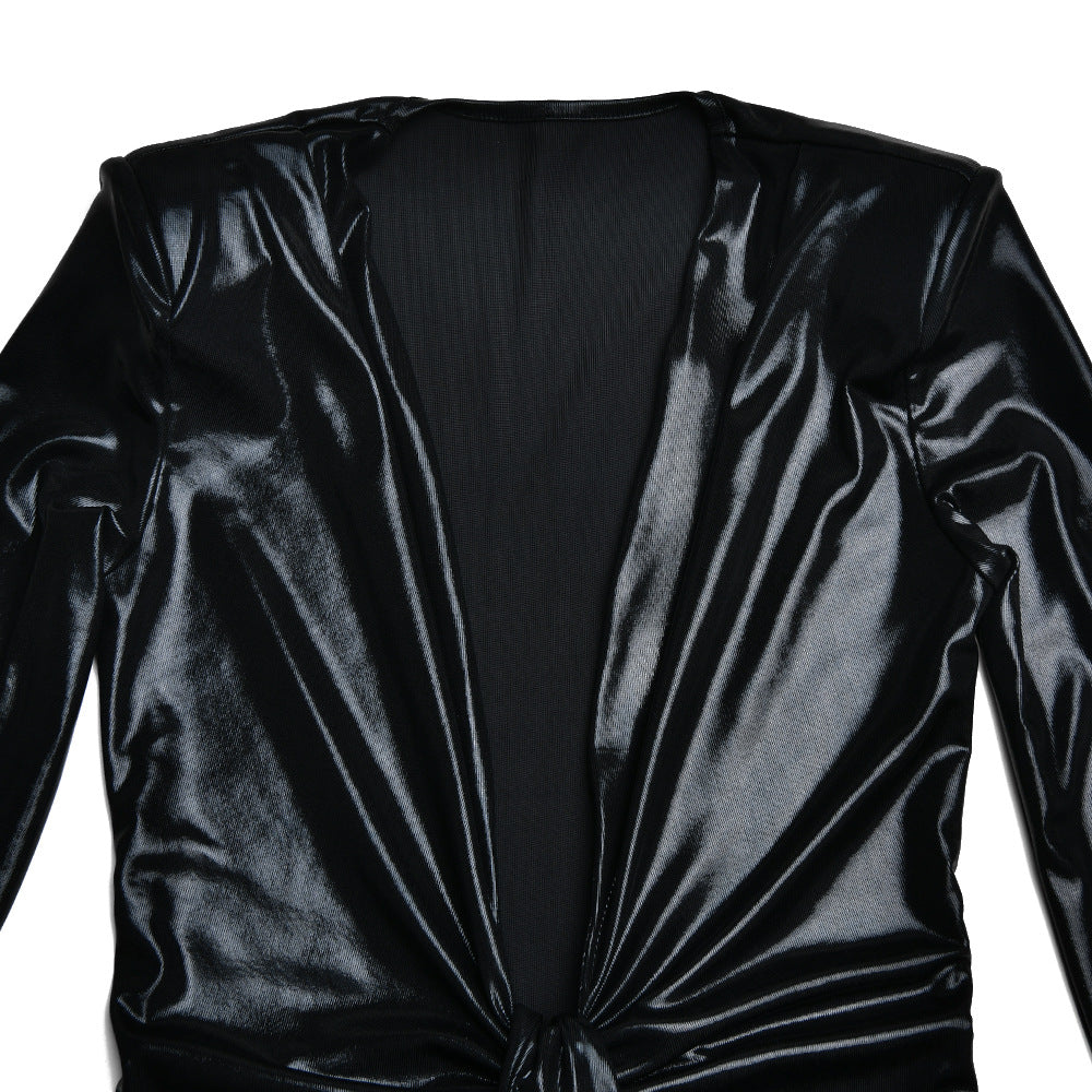 Coated Fabrics Metallic Dress Sexy Glossy V neck Long Sleeve Stitching