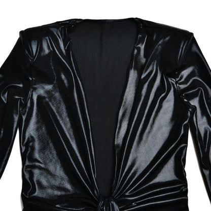 Coated Fabrics Metallic Dress Sexy Glossy V neck Long Sleeve Stitching
