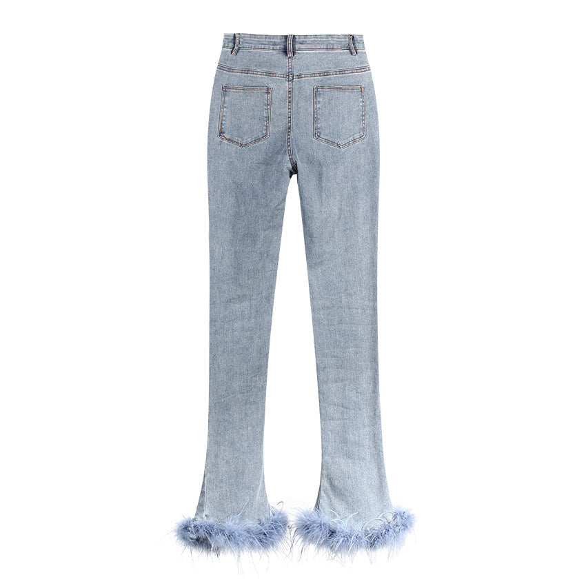Bottom Pants Design Trousers Jeans Chic Stitching Ostrich Bell Trendy.