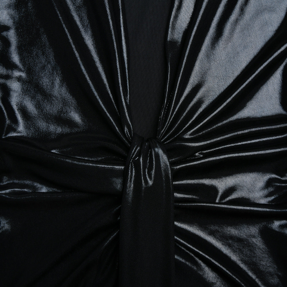 Coated Fabrics Metallic Dress Sexy Glossy V neck Long Sleeve Stitching