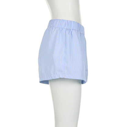 Beach Shorts Simple Blue Striped Women Loose Elastic Waist Sports Pant