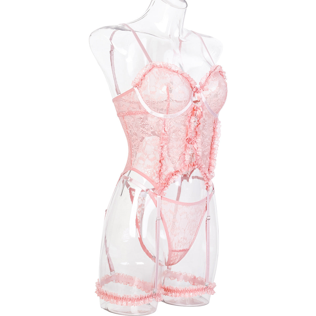 See through Sexy Lingerie Set Pink Lace Pleated Lace Hollow Out Cutout