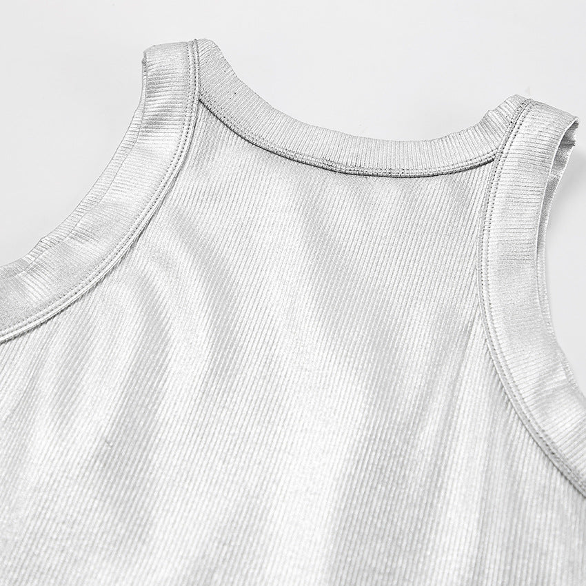 Fashionable Knitted Sunken Stripe Summer round Neck Camisole Vest Sexy Hollow