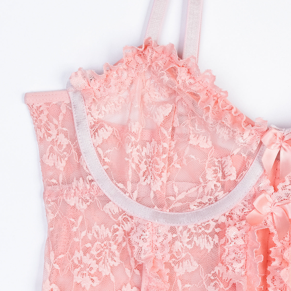 See through Sexy Lingerie Set Pink Lace Pleated Lace Hollow Out Cutout