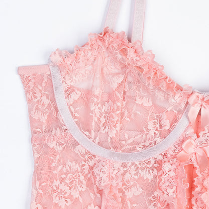 See through Sexy Lingerie Set Pink Lace Pleated Lace Hollow Out Cutout