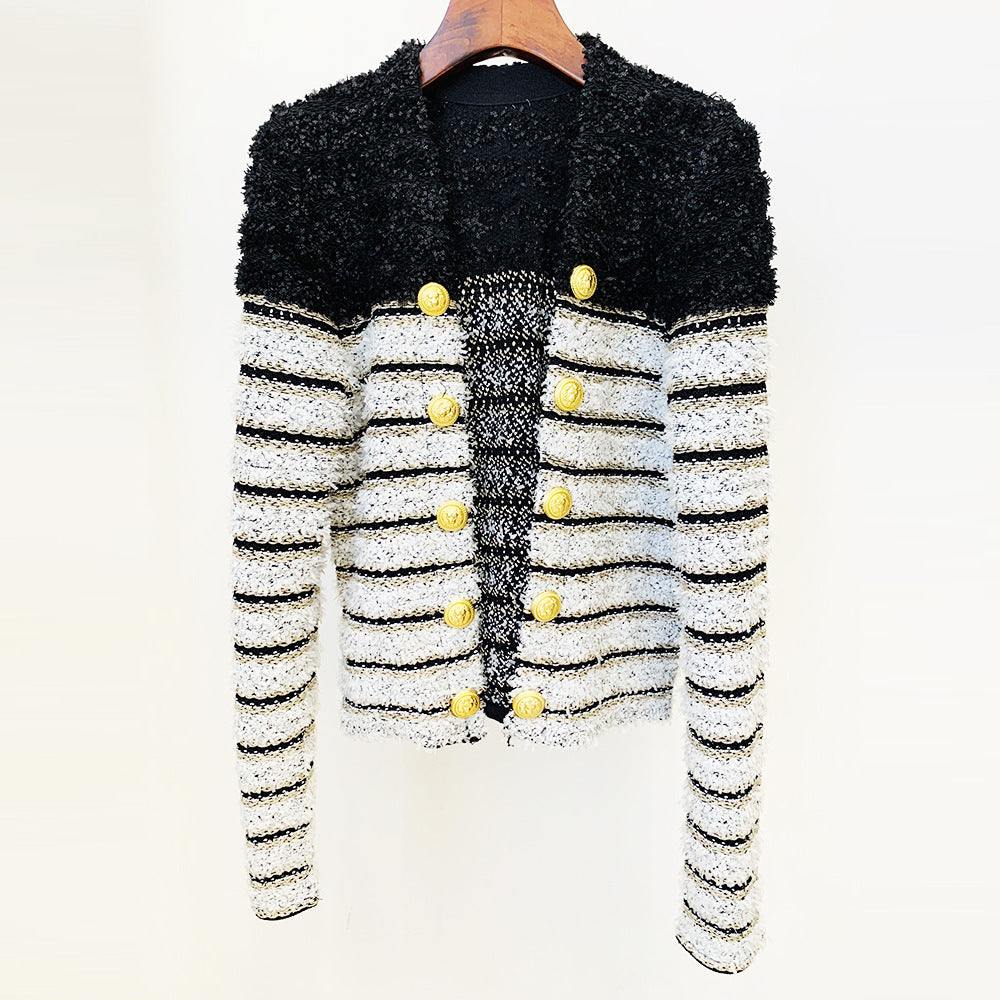 winter knitted coat Autumn Winter  Lion Button Striped Color Cardigan
