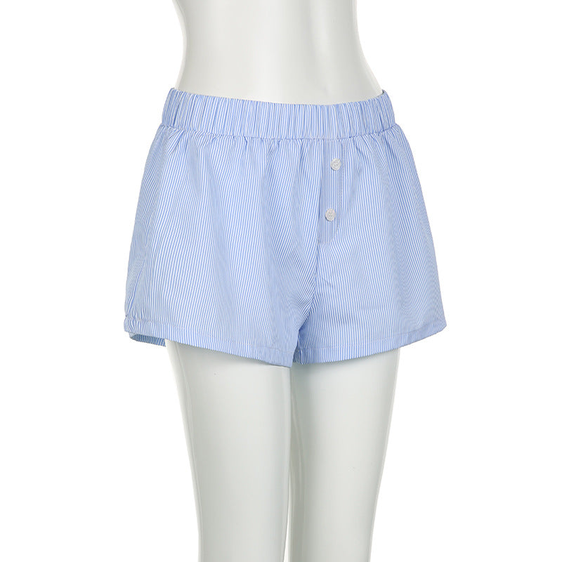 Beach Shorts Simple Blue Striped Women Loose Elastic Waist Sports Pant