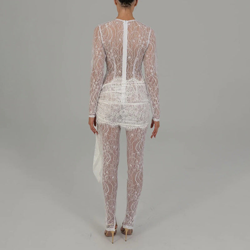 Lace Fall Sexy Hollow Out Cutout Sheer Long Sleeve Slim Fit Patchwork.