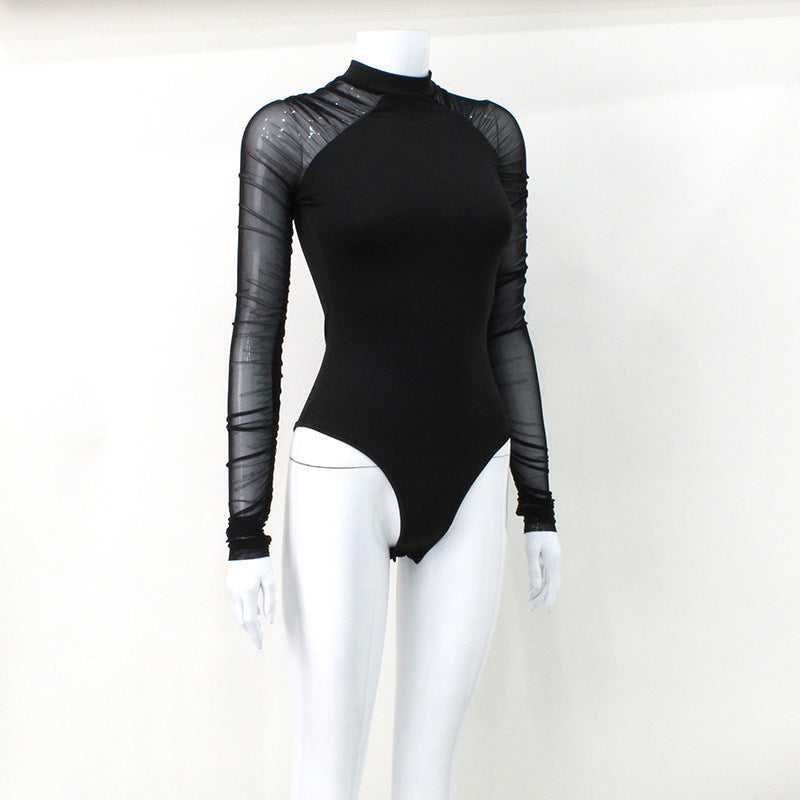 Mesh Jumpsuit Fall Women Clothing round Neck Stitching Long Sleeves