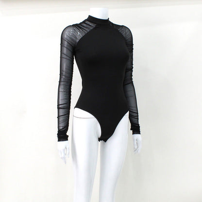 Mesh Jumpsuit Fall Women Clothing round Neck Stitching Long Sleeves