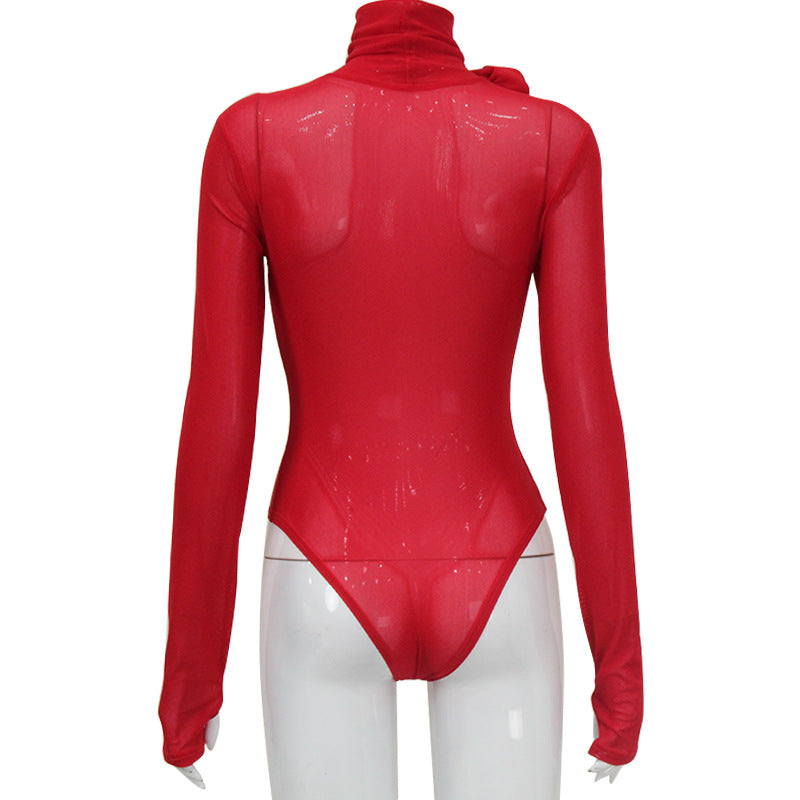 Women Clothing Sexy Turtleneck Long Sleeve Decoration SlimFit Jumpsuit