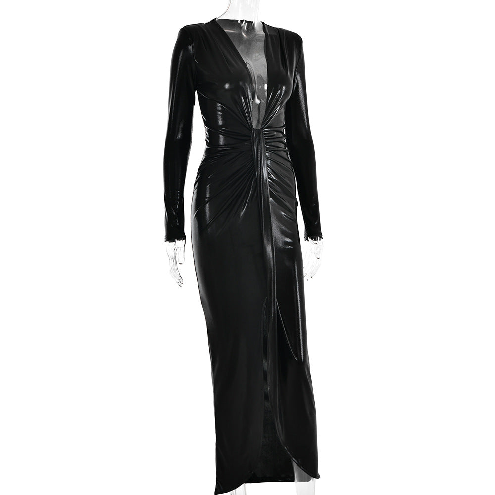 Coated Fabrics Metallic Dress Sexy Glossy V neck Long Sleeve Stitching