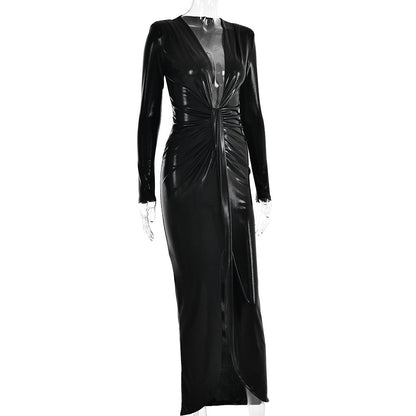 Coated Fabrics Metallic Dress Sexy Glossy V neck Long Sleeve Stitching