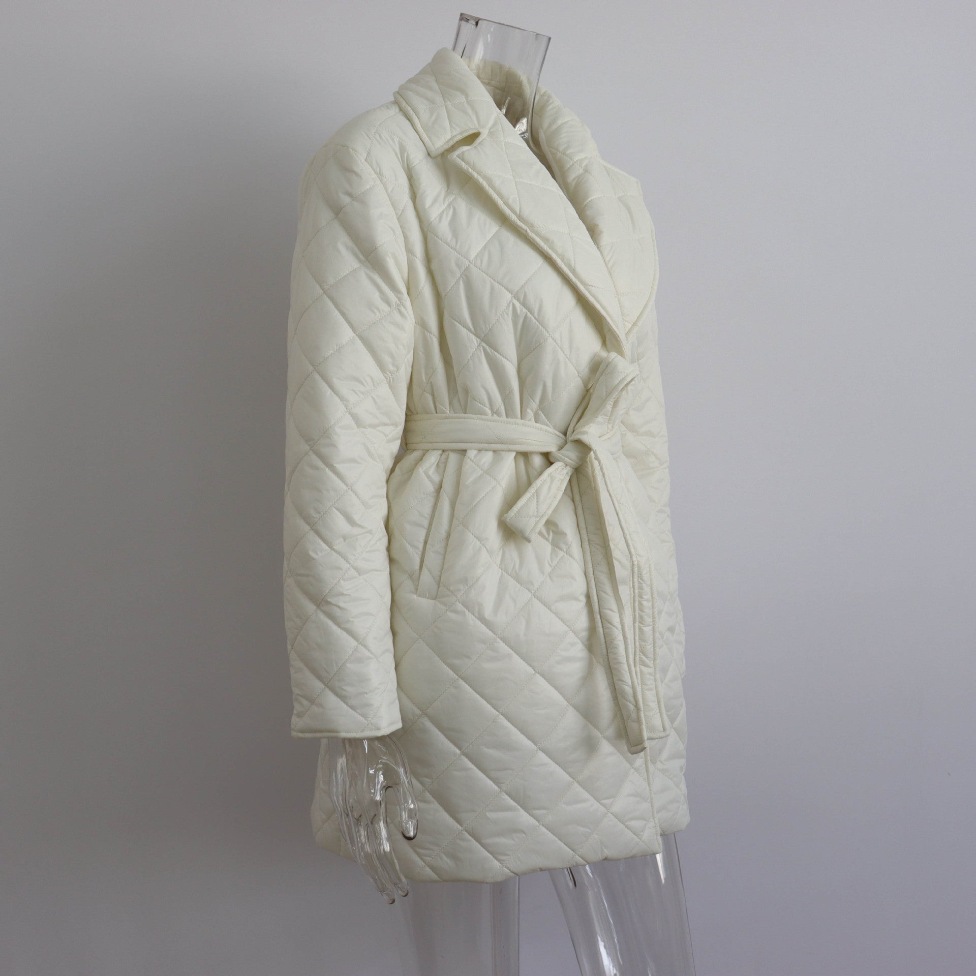 Rhombus Cotton Padded Mid-Length Collared Autumn Winter Street Women Coat Waist-Controlled Pocket Cotton Padded Coat