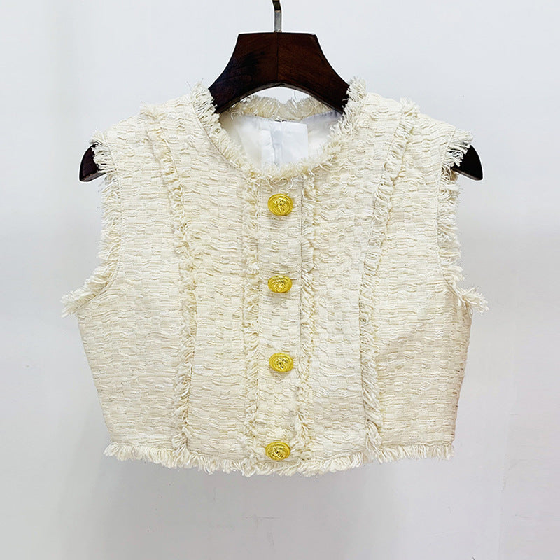 Star Lion Buckle Tweed Tassel Short Vest Top Skirt