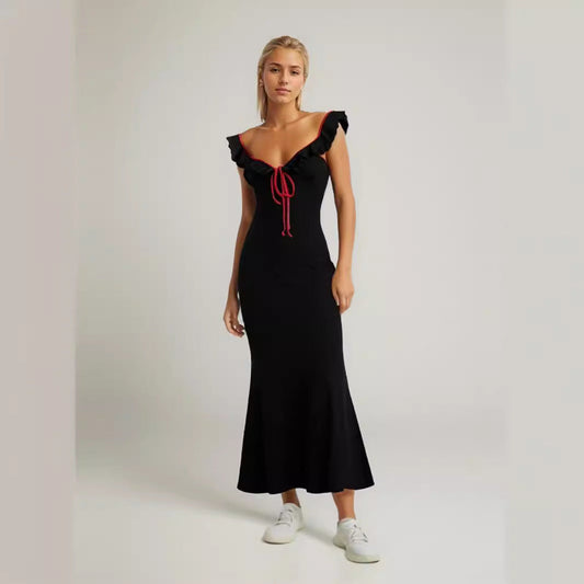 Women Clothing Women Knit Dress Ruffle Tied Solid Color Fishtail Dress
