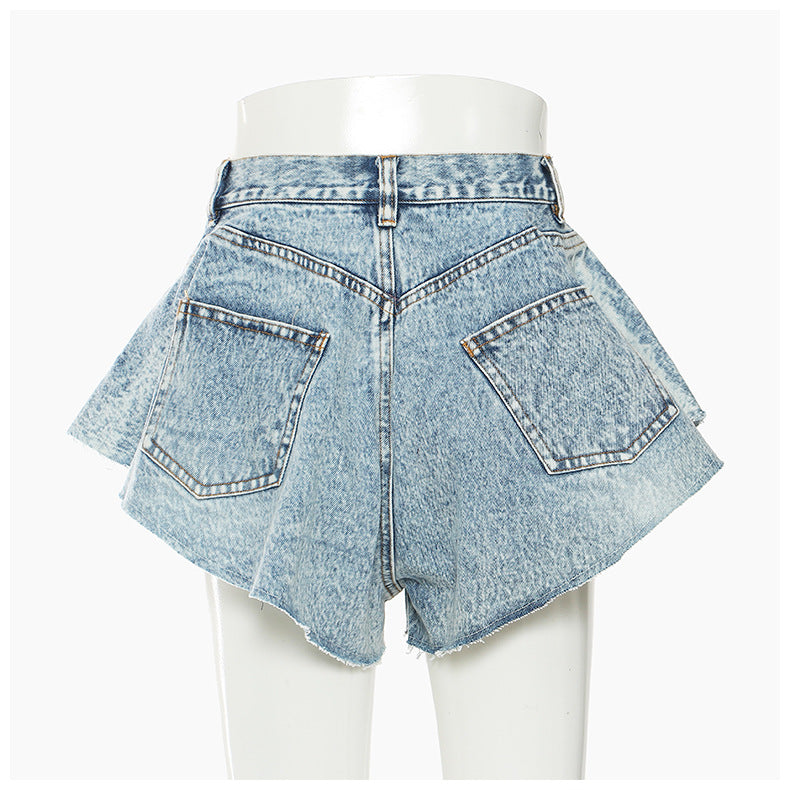 Denim Shorts Ruffled Hem Large Wide Leg Denim Shorts Pants Faux