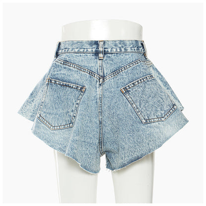 Denim Shorts Ruffled Hem Large Wide Leg Denim Shorts Pants Faux