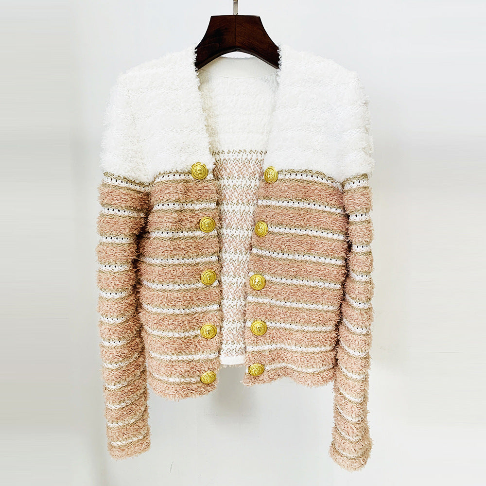 autumn winter coats Women Jacket Stitching Knitted Cardigan Coat Pink