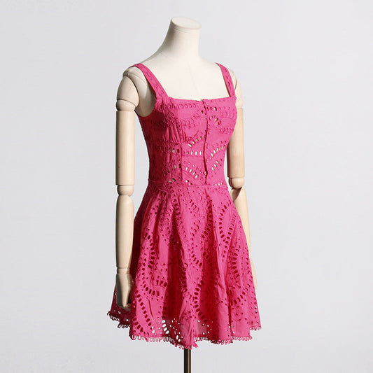 Embroidered Lace Summer Sweet Fresh Solid Color Strap Hollow Out Cutou