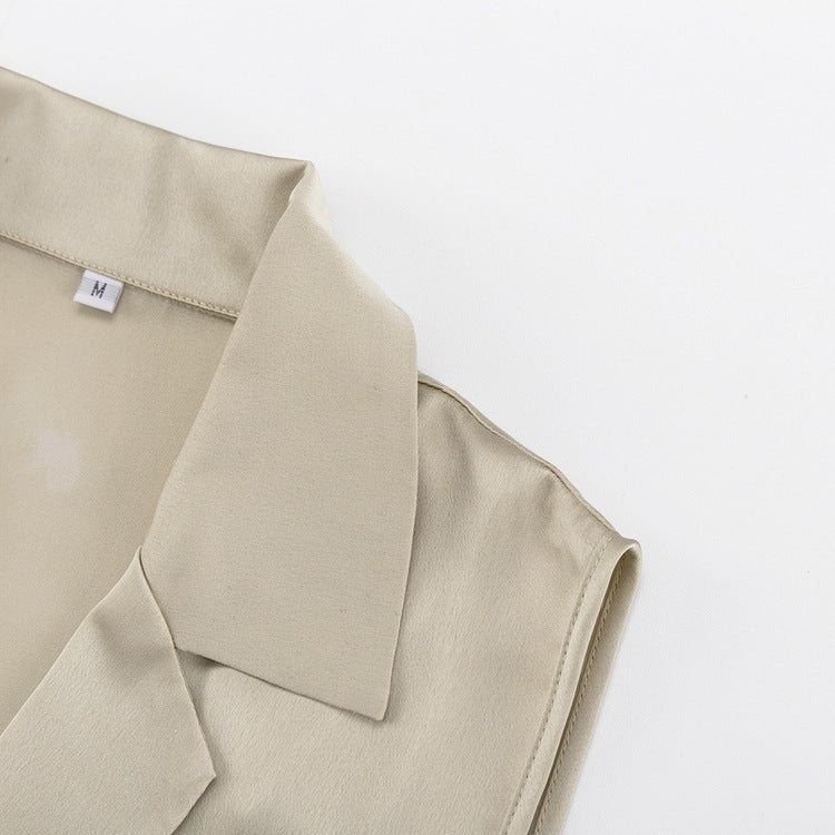 Women Clothing Sleeveless Satin Shirt Mid-Length Top Women Collared Drape Camisole Shirt