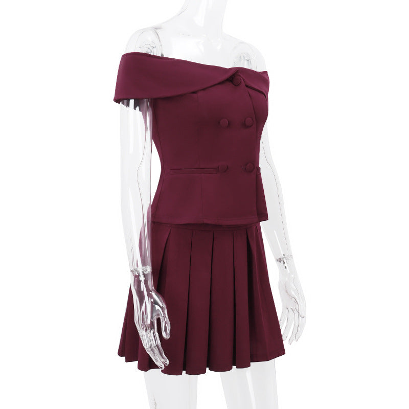 Spring Shoulder Top Pleated Skirt Set