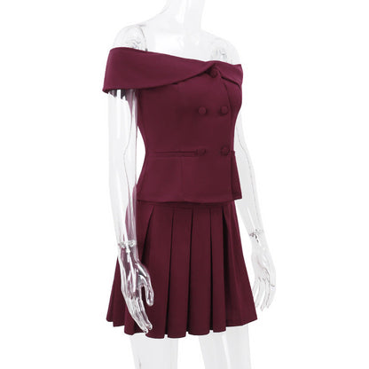 Spring Shoulder Top Pleated Skirt Set