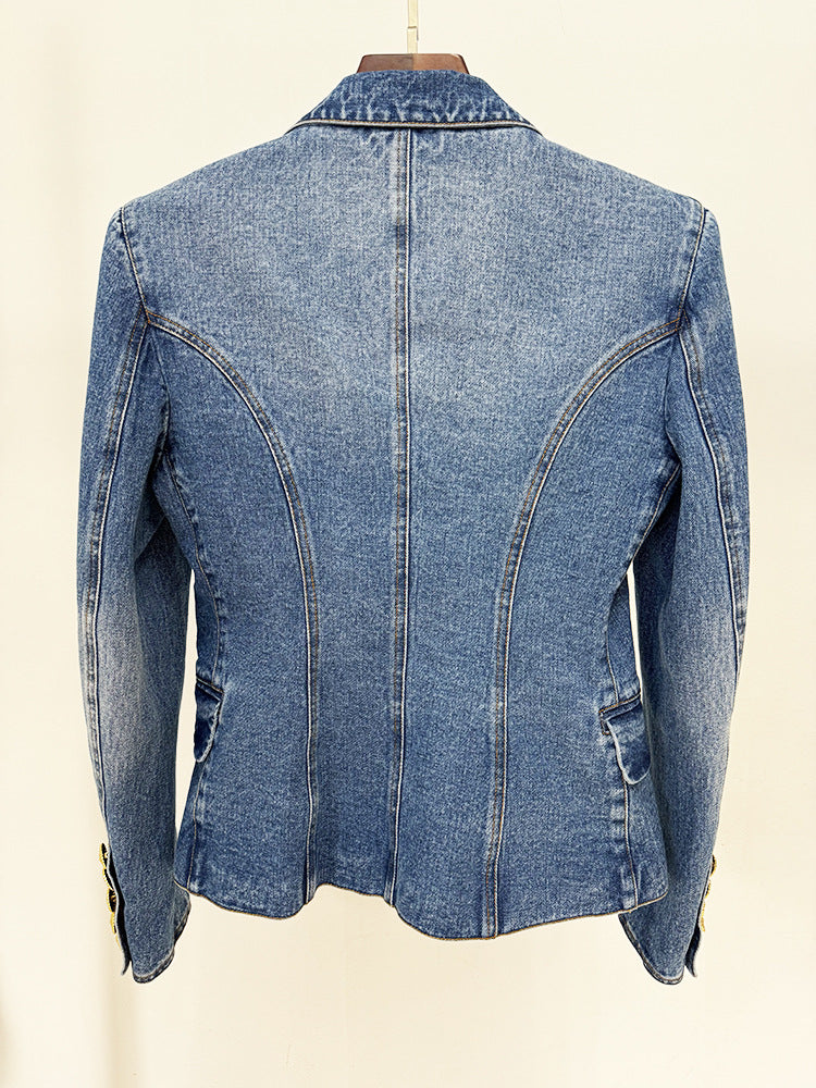 Blazer Skirt Sets Socialite Slim Double Breasted Washed Denim Blazer