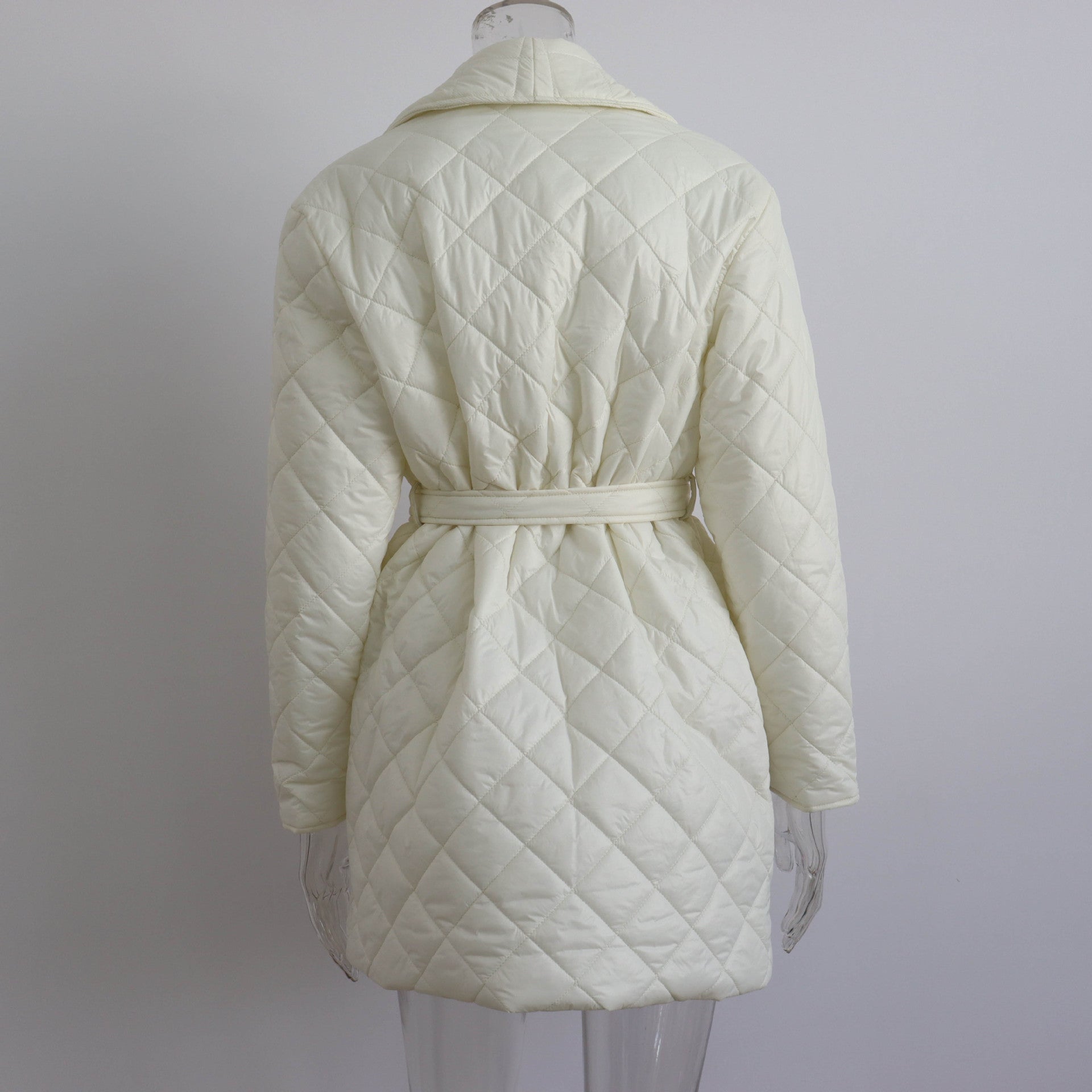 Rhombus Cotton Padded Mid-Length Collared Autumn Winter Street Women Coat Waist-Controlled Pocket Cotton Padded Coat