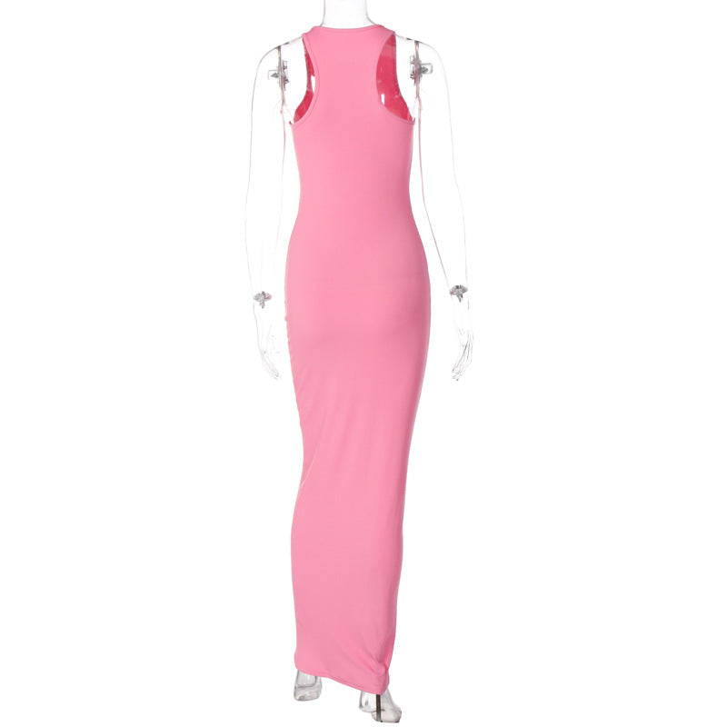  Round Neck Dress Women Spring Solid Color Sleeveless Slim Dress