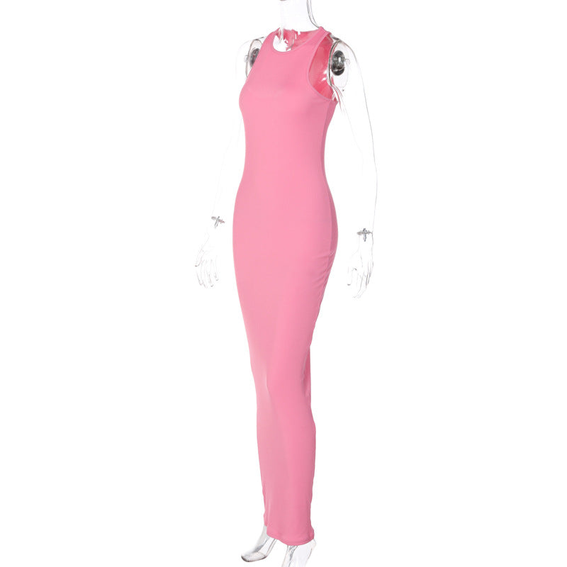  Round Neck Dress Women Spring Solid Color Sleeveless Slim Dress
