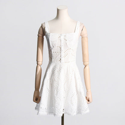 Embroidered Lace Summer Sweet Fresh Solid Color Strap Hollow Out Cutou