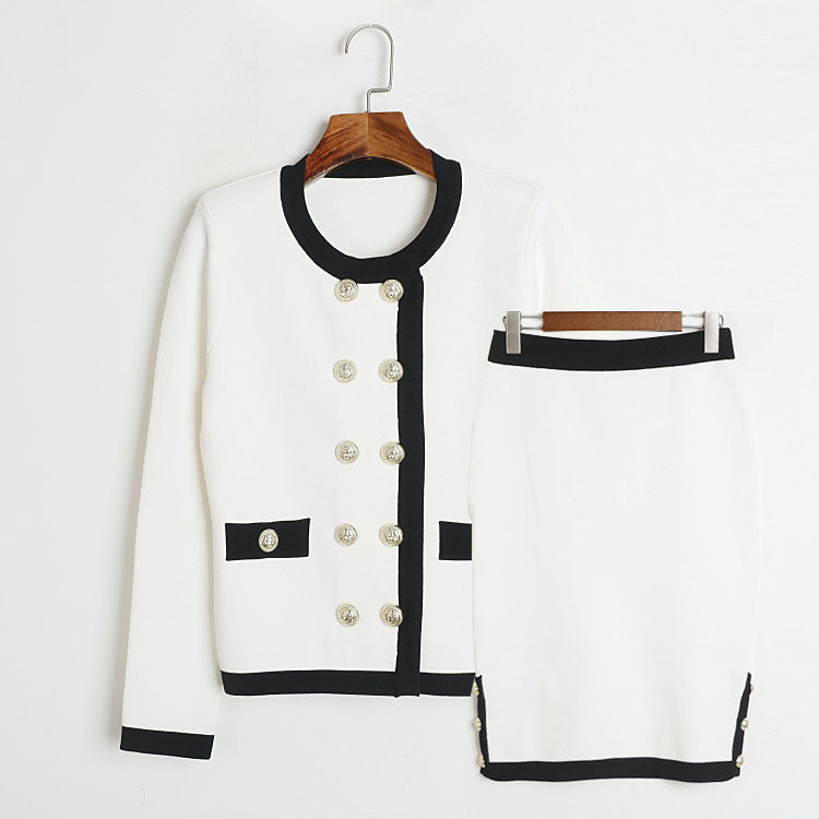 Mid Length Skirt  Set Autumn Winter Light Luxury Round Neck Cardigan 