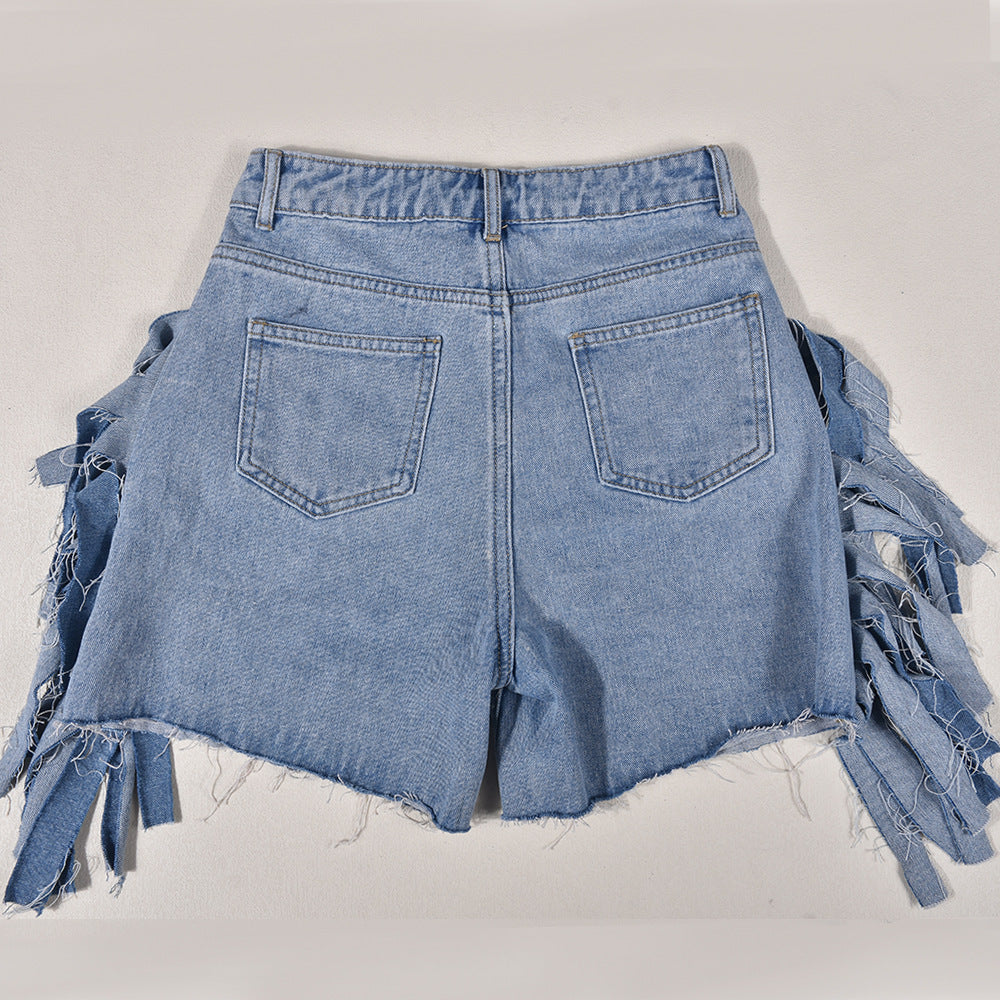 Women Clothing High Waist Ripped Washed Personalized Hole Tassel Short