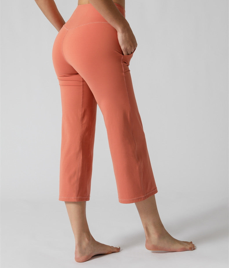 Summer High Waist Yoga Pants Women Pocket Fitness Straight Capri Pants